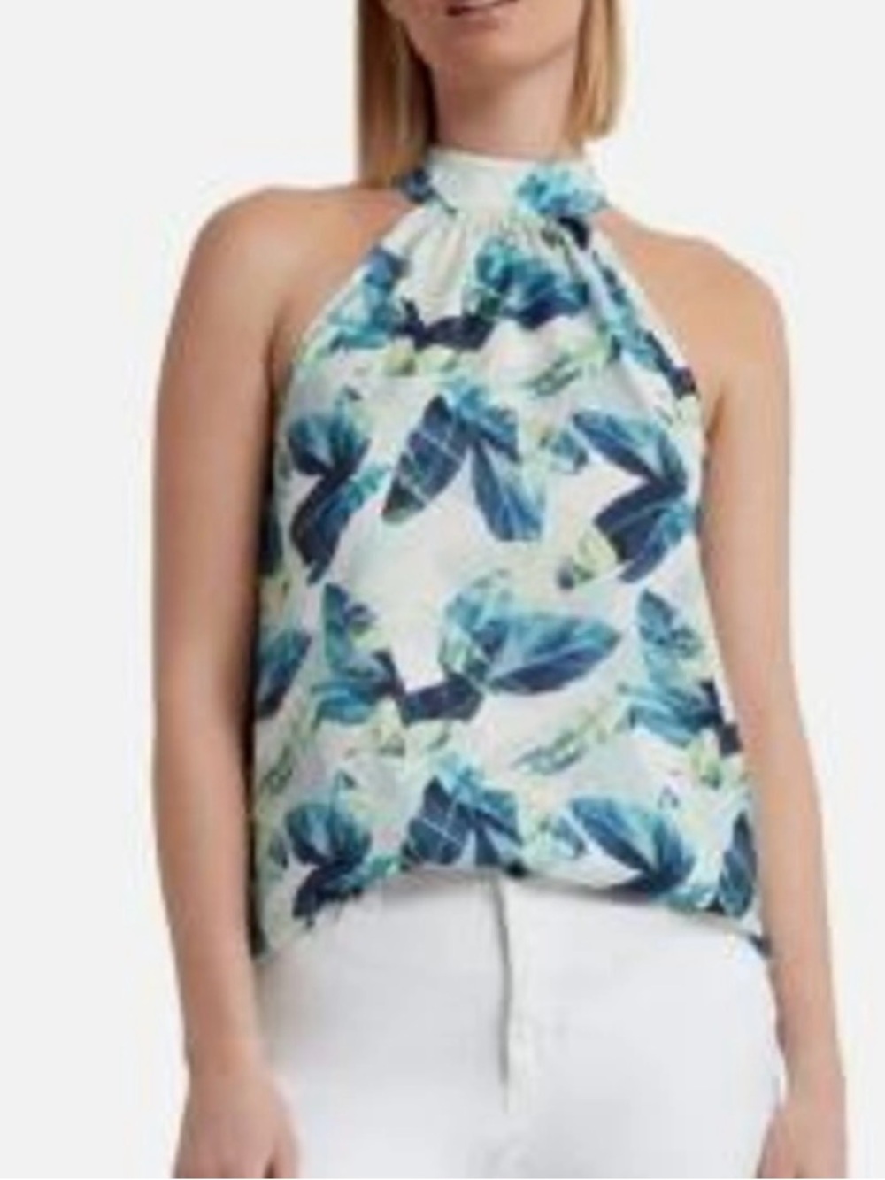 H Halston Blouse Tropical Print Size Large Halter Neck Sleeveless NWT